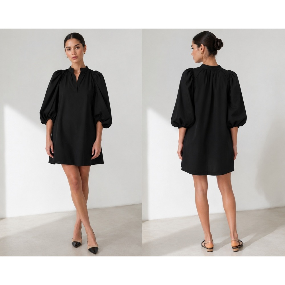 Pomander Place Astrid Mini Shift Dress M Black Cotton Puff Sleeve Minimalist